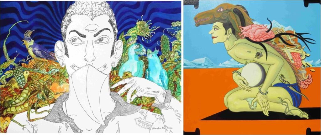 These narrative and drawing-based art works situated at the interface of mythology, memory, and satire, address the anxieties of hyper-modernism and consumerism, environmental concerns, and negligence of local history and culture, thus engendering a new ‘mythopoesis’ through visual language
